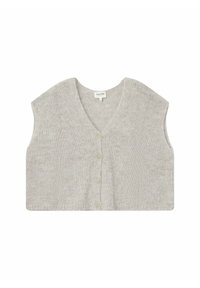 Gilet tricoté gris clair avec un col en V, des manches courtes et cinq boutons sur le devant. Texture douce avec une coupe légèrement ample.