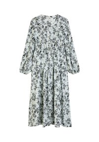 Helles blaues Kleid mit Blumendruck, langen Ärmeln, V-Ausschnitt, geraffter Taille und mehrlagigem Rock. Der Stoff wirkt leicht und hat eine weiche Textur.