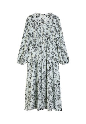 Helles blaues Kleid mit Blumendruck, langen Ärmeln, V-Ausschnitt, geraffter Taille und mehrlagigem Rock. Der Stoff wirkt leicht und hat eine weiche Textur.