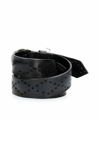 Cintura in pelle nera con design perforato, fibbia in metallo argentato e punta affusolata. La texture liscia completa la forma strutturata della cintura.