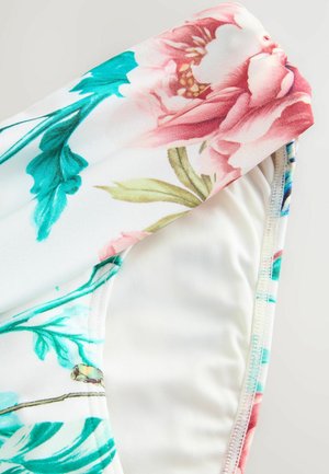 Bikini mit mehrfarbigem Blumenmuster, rosa und türkisfarbene Blüten auf weißem Hintergrund. Glattes Material mit sanften Kanten und Nähdetails.