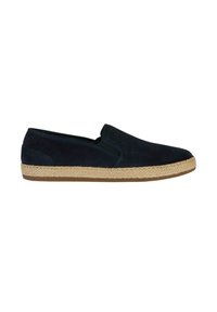 Scarpe slip-on in suede navy con suola intrecciata in stile juta, punta arrotondata e dettagli di cucitura discreti. Suola in gomma piatta per una maggiore aderenza.