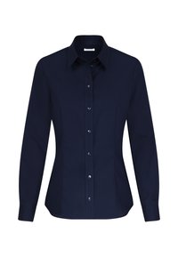 Navy blue long-sleeve fitted shirt with collar and front buttons, displayed on a white background without any accessories.