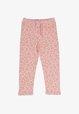 Pyjamasbukser lavet af blødt stof, prydet med en lys pink bund og mørkere pink leopardpletter samt en elastisk talje med snore.