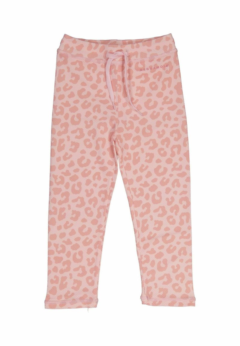 Pyjamasbyxor i mjukt material, med en ljusrosa bas och mörkrosa leopardfläckar samt en elastisk midja med dragsko.