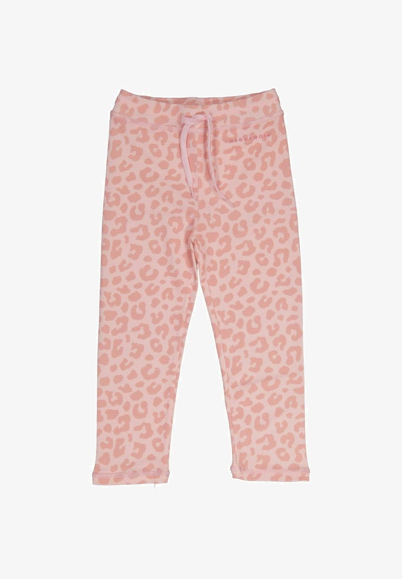 Yöpuvuntikkaat, jotka on valmistettu pehmeästä kankaasta, kevyessä vaaleanpunaisessa värissä, jossa on tummempia pinkkejä leoparditäpliä, ja niissä on joustava vyötärö, jossa on nauha.