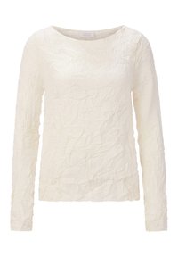 Gekreukt textuur langemouwen shirt in romig wit met een ronde halslijn en rechte zoom. Gemaakt van lichtgewicht materiaal.
