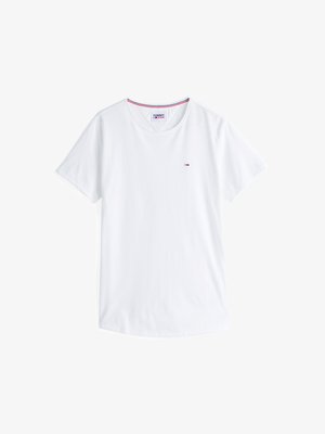T-shirt en coton blanc avec un col rond, des manches courtes et un petit logo brodé sur la poitrine gauche. Présente des bordures de couleur contrastée au niveau du col.
