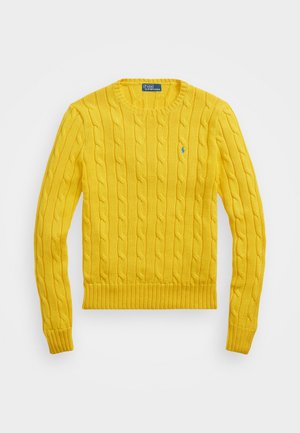 Maglione giallo a maglia con lavorazione a treccia, orlo e polsini a costine. Presenta un piccolo logo blu sul petto. Realizzato in materiale a maglia testurizzata.