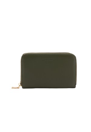 Olive green rectangular wallet with textured surface, gold zipper on the side, and subtle embossed brand name on the front center.