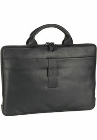 Borsa per laptop in pelle nera con una texture liscia, forma rettangolare, manici superiori e una chiusura a patta frontale con logo in rilievo. Chiusura con cerniera superiore.