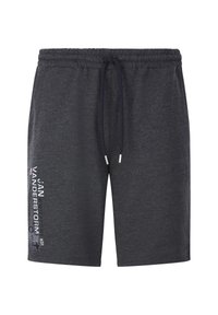 Dunkelgraue lässige Shorts mit elastischem Bund, schwarzem Kordelzug und weißem Drucktext auf dem linken Bein mit der Aufschrift "Jan Vanderstorm 84".