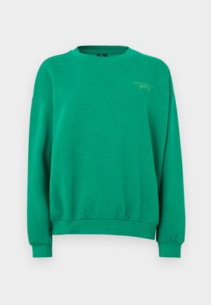 Green sweatshirt made from soft fabric, featuring a crew neck, ribbed cuffs, and hem. Displays "BROOKLYN galleries" in light print on the front.