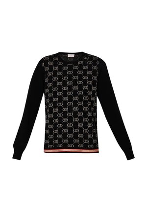 Maglione nero con un motivo chiaro ripetuto, scollatura a girocollo e maniche lunghe. Decorato con un dettaglio orlo rosso e oro.