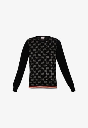 Maglione nero con un motivo chiaro ripetuto, scollatura a girocollo e maniche lunghe. Decorato con un dettaglio orlo rosso e oro.