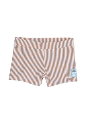 Brune og hvide stribede badeshorts med blød tekstur, elastisk taljebånd og en turkis "SURF CLUB"-patch på siden.