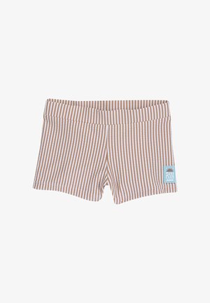 Bañador corto a rayas marrones y blancas con textura suave, cintura elástica y un parche verde azulado con la inscripción "SURF CLUB" en el lateral.