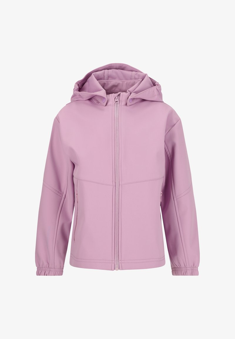 Veste softshell lilas avec capuche, zip frontal, poignets élastiques et poches latérales. Texture lisse et coupe ajustée pour faciliter les mouvements.
