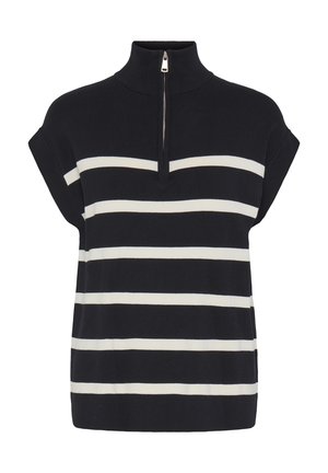 Un haut polo à manches courtes bleu marine avec une fermeture éclair demi-longueur et des rayures horizontales crème. Fabriqué en tissu tricot doux avec une coupe décontractée.