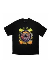 Black cotton t-shirt featuring a colorful, circular graphic with "Fleetwood Mac" text, surrounded by floral accents in orange and green.