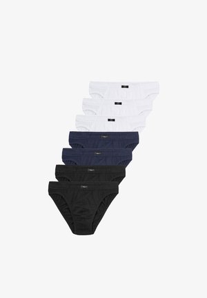 Set aus sieben Herrenunterhosen: drei weiß, zwei marineblau und zwei schwarz. Aus Baumwolle gefertigt, mit elastischen Taillenbändern und Nähdetails.