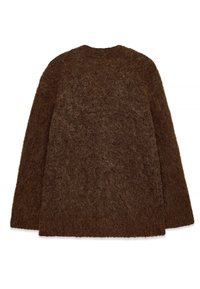 Rudas purus megztinis su tekstūruota paviršiumi, ilgomis rankovėmis ir apvaliu iškirpimu. Nugarinė dalis lygi, be puošmenų ar raštų.