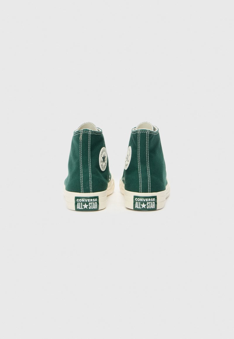 Une paire de baskets Converse All Star montantes vertes vues de l'arrière sur une surface blanche et uniforme.