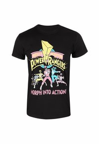 Schwarzes Baumwoll-T-Shirt mit farbenfrohem Grafikdruck von Power Rangers in Aktion und dem Text "Mighty Morphin Power Rangers Morph Into Action!"