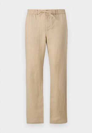 Pantaloni bej din in cu talie elastică și șnur, croi drept, vedere frontală laterală.