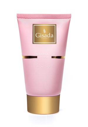 Roze tube Gisada Ambassador douchegel voor dames met gouden dop en label met gouden accenten.