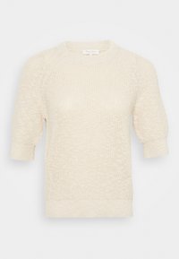 Suéter de punto en color beige claro con mangas abullonadas cortas, cuello y dobladillo acanalados, que presenta un patrón texturizado de tejido abierto en toda su superficie.