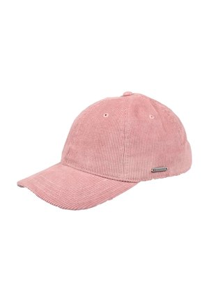 Pink corduroy baseball cap with a curved brim, featuring a metal logo accent and stitching detail on the upper and sides.