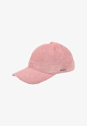 Cappellino da baseball in corduroy rosa con visiera curvata, dotato di un accento in metallo con logo e dettagli di cucitura sulla parte superiore e sui lati.