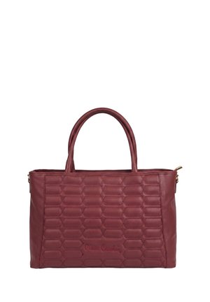 Borsa in pelle color bordeaux con due manici, motivo trapuntato rettangolare e chiusura con cerniera sulla parte superiore.