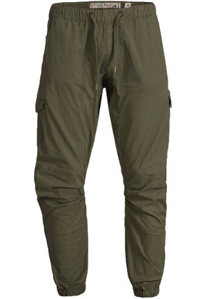 Pantaloni cargo verdi in tessuto leggero, caratterizzati da una vita elastica, coulisse e tasche laterali, con una vestibilità ampia e polsini affusolati.