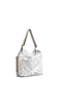 Borsa hobo realizzata in tessuto bianco con stampa dettagliata di un paesaggio urbano grigio. Presenta una forma strutturata, chiusura con zip e una tracolla regolabile beige.