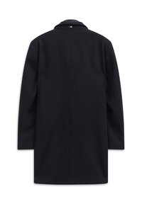 Czarny płaszcz z teksturowanej tkaniny, długie rękawy i klasyczny kołnierz. Charakteryzuje się prostym krojem z centralnym szwem i minimalnymi detalami.