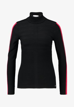 Suéter de gola alta preto com textura canelada e design ajustado. Apresenta detalhes listrados em rosa ao longo das mangas e painéis verticais.