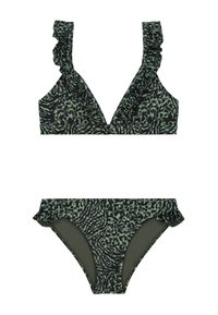 Két részes bikini szett sötétzöld színben, fekete absztrakt mintával, fodros pántokkal és díszítéssel a felsőrészen és az alsó részen is.