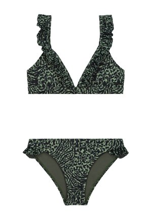 BELLA FIXED SET RUFFLE - Bikini - forest green mixed animal