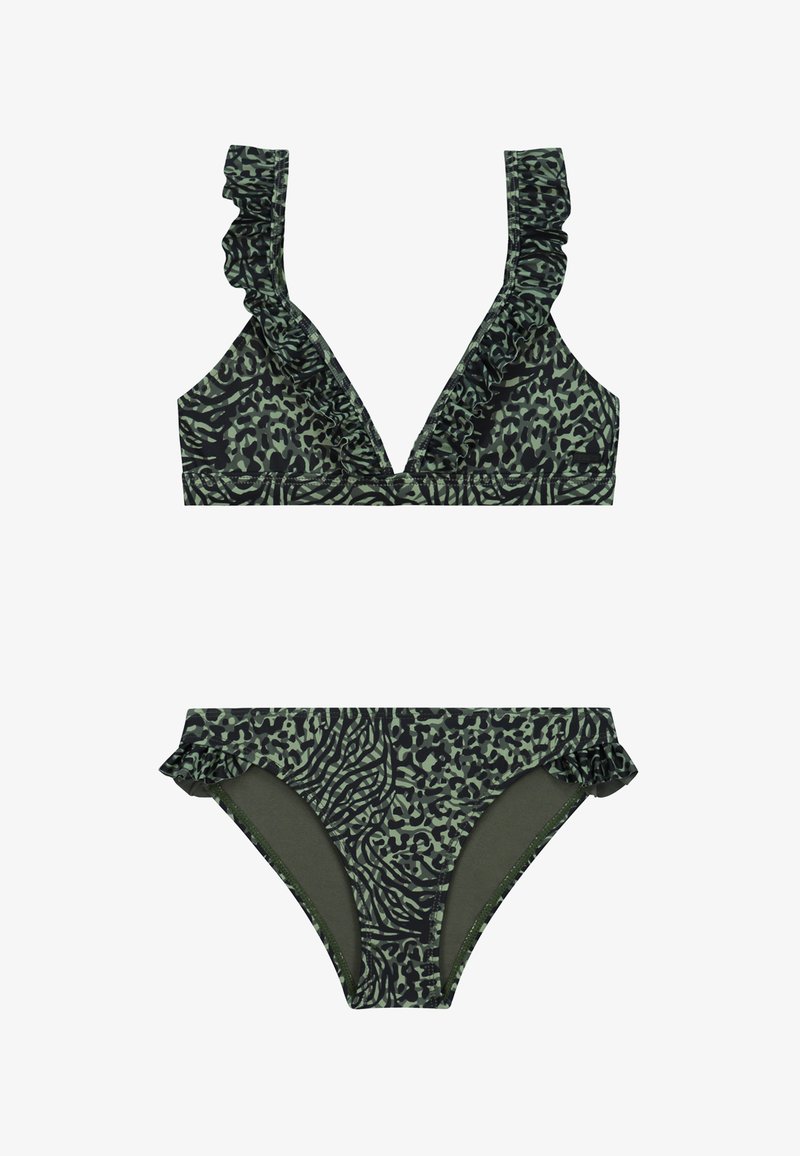 Két részes bikini szett sötétzöld színben, fekete absztrakt mintával, fodros pántokkal és díszítéssel a felsőrészen és az alsó részen is.