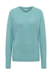 Hellblauer, gestrickter Pullover mit langen Ärmeln, gerippter Textur, runder Ausschnitt und dezenten Farbabweichungen. Enthält ein Logo-Etikett im Inneren.