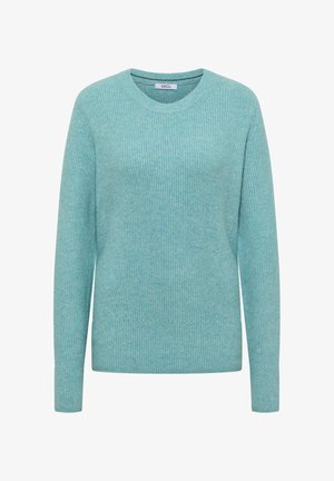 Jasnoniebieski sweter z dzianiny z długimi rękawami, prążkowaną fakturą, okrągłym dekoltem i subtelnymi wariacjami kolorystycznymi. Posiada metkę z logo wewnątrz.