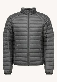 Giacca imbottita grigia con colletto alto, zip completa e cuciture orizzontali. Presenta polsini elasticizzati e una texture leggera e liscia.