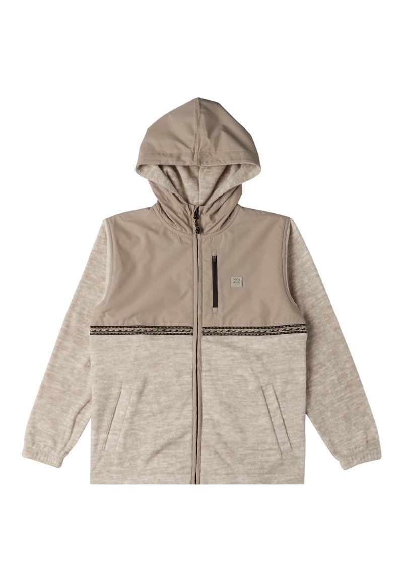 Felpa beige con zip, realizzata in un tessuto morbido e testurizzato, con una banda decorativa a motivo e tasche frontali; progettata con un cappuccio foderato.
