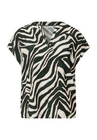 Short-sleeve top with a v-neck, featuring a green and white swirling zebra print, made from a soft, lightweight fabric.