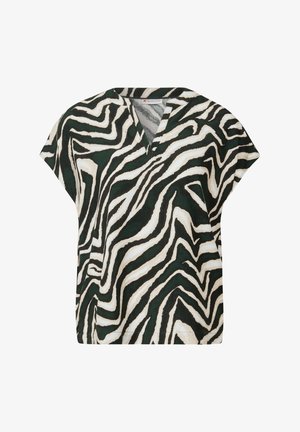 Korte mouwen top met een v-hals, voorzien van een groen-witte spiraalachtige zebraprint, gemaakt van een zachte, lichtgewicht stof.