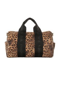 Borsa a tracolla in tessuto con stampa leopardata, manici neri e cinturini con logo; materiale in tessuto e chiusura con zip; forma cilindrica con tasche laterali.