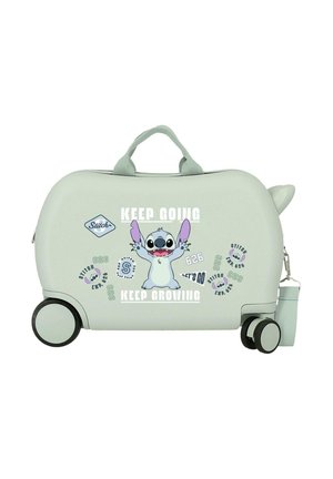Maleta verde menta para niños con el personaje Stitch, texto motivacional "Sigue Adelante, Sigue Creciendo", cuatro ruedas y un asa superior.