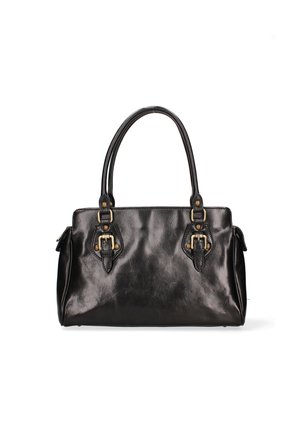 Borsa a tracolla in pelle nera con una finitura lucida, due manici corti e dettagli decorativi in metallo sul fronte.